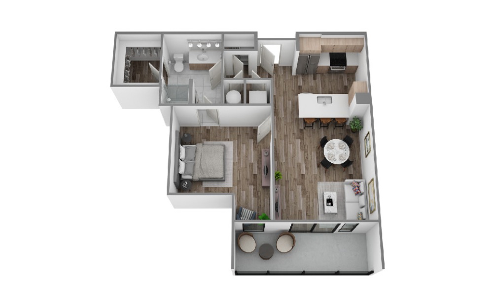 C - 1 bedroom floorplan layout with 1 bathroom and 829 square feet (3D)