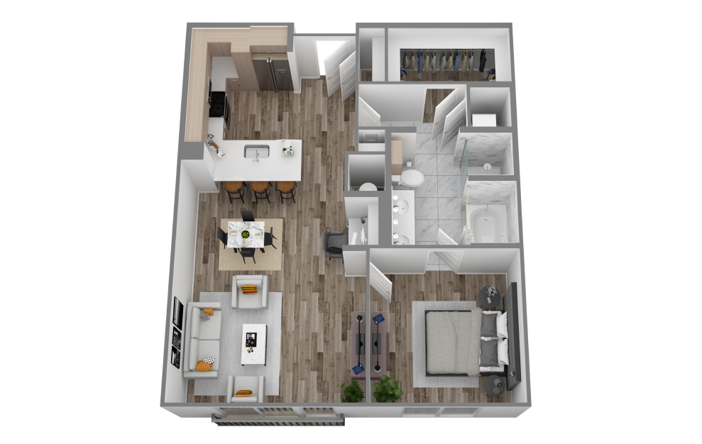 F - 1 bedroom floorplan layout with 1 bath and 852 square feet. (3D)
