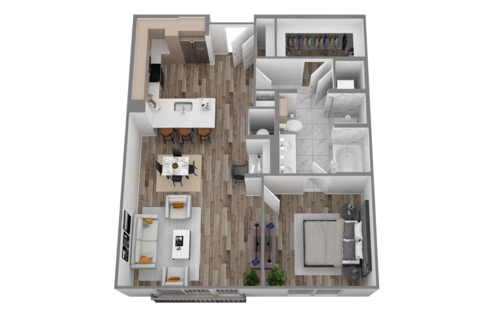 F - 1 bedroom floorplan layout with 1 bathroom and 852 square feet (3D)