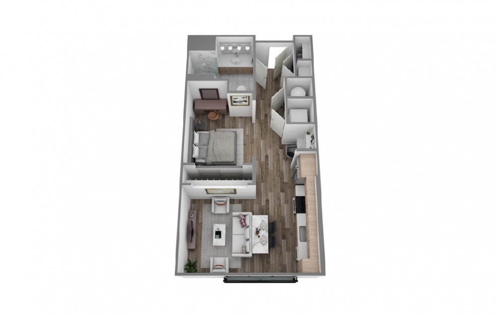 A - Studio floorplan layout with 1 bath and 535 square feet. (3D)