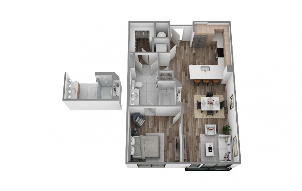B - 1 bedroom floorplan layout with 1 bath and 720 to 725 square feet. (3D)