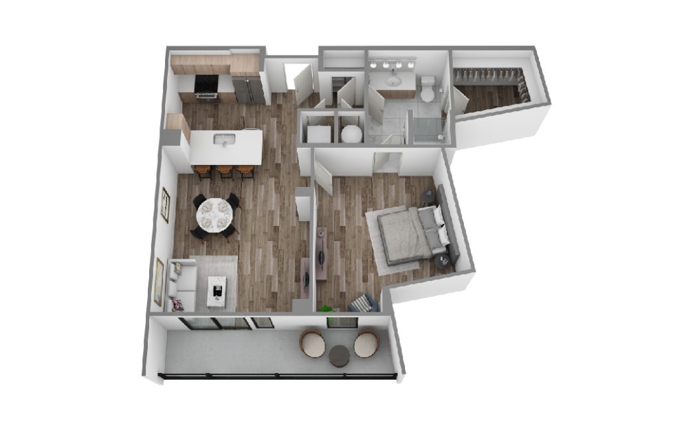 D - 1 bedroom floorplan layout with 1 bathroom and 894 square feet