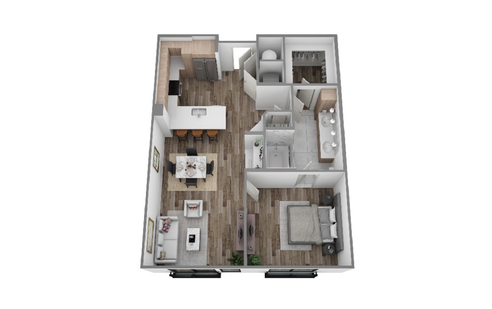 E - 1 bedroom floorplan layout with 1 bathroom and 789 square feet (3D)