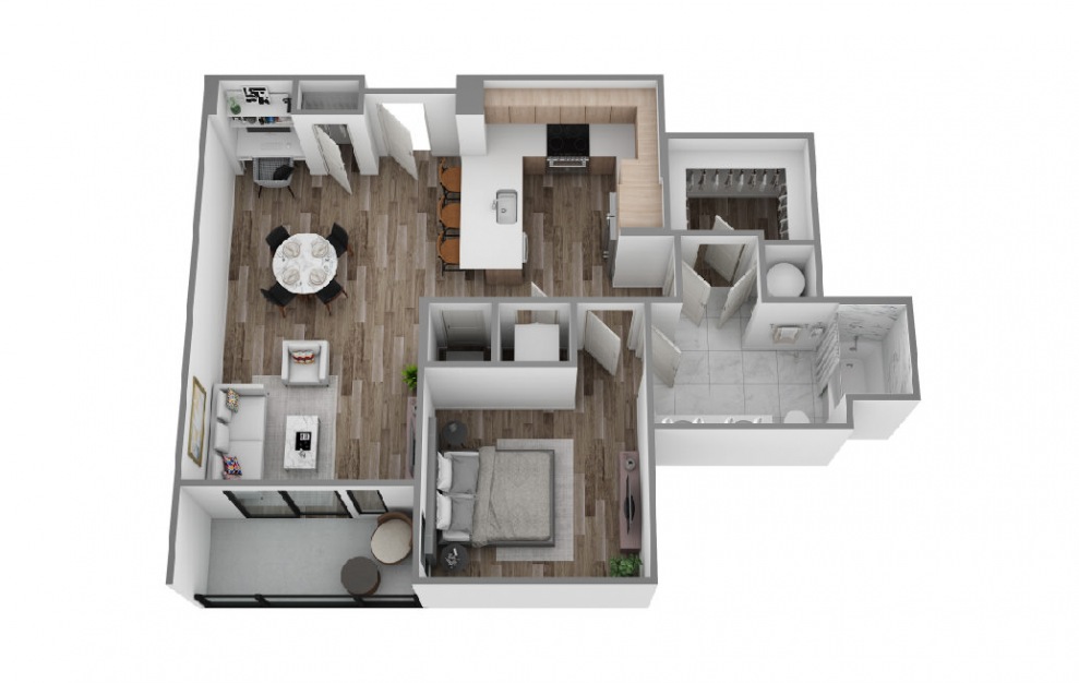 G - 1 bedroom floorplan layout with 1 bath and 905 to 956 square feet. (3D)