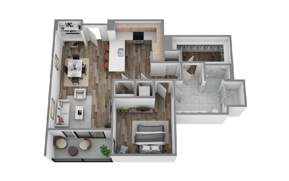 H - 1 bedroom floorplan layout with 1 bathroom and 976 square feet (3D)