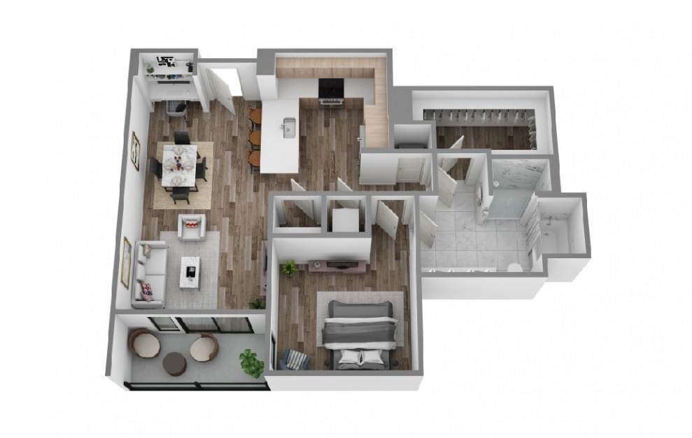 H - 1 bedroom floorplan layout with 1 bath and 976 square feet. (3D)