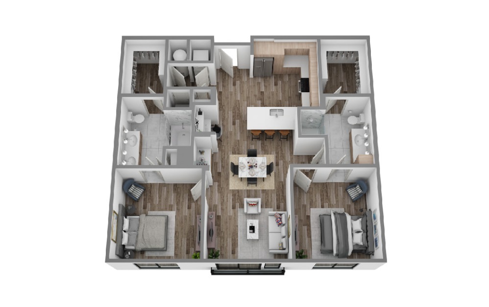 I - 2 bedroom floorplan layout with 2 bathrooms and 1106 square feet (3D)