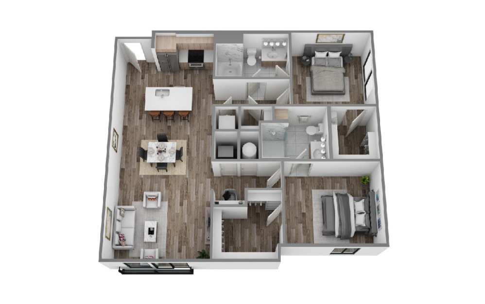 J - 2 bedroom floorplan layout with 2 bathrooms and 1192 - 1224 square feet (3D)