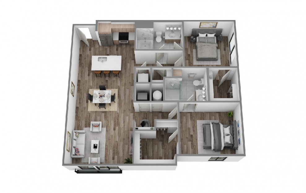 J - 2 bedroom floorplan layout with 2 baths and 1192 to 1224 square feet. (3D)