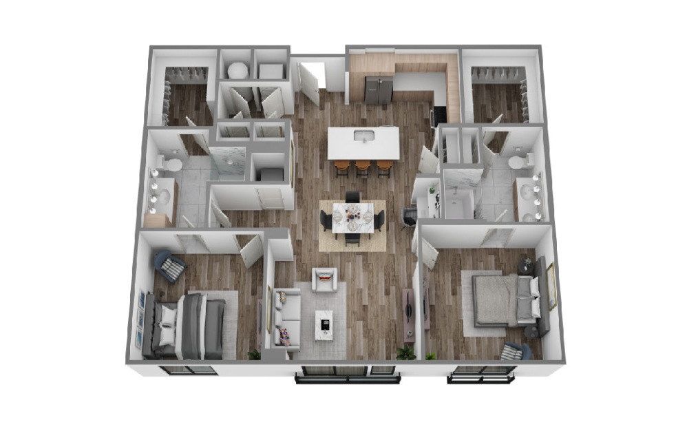 K - 2 bedroom floorplan layout with 2 bathrooms and 1233 square feet (3D)