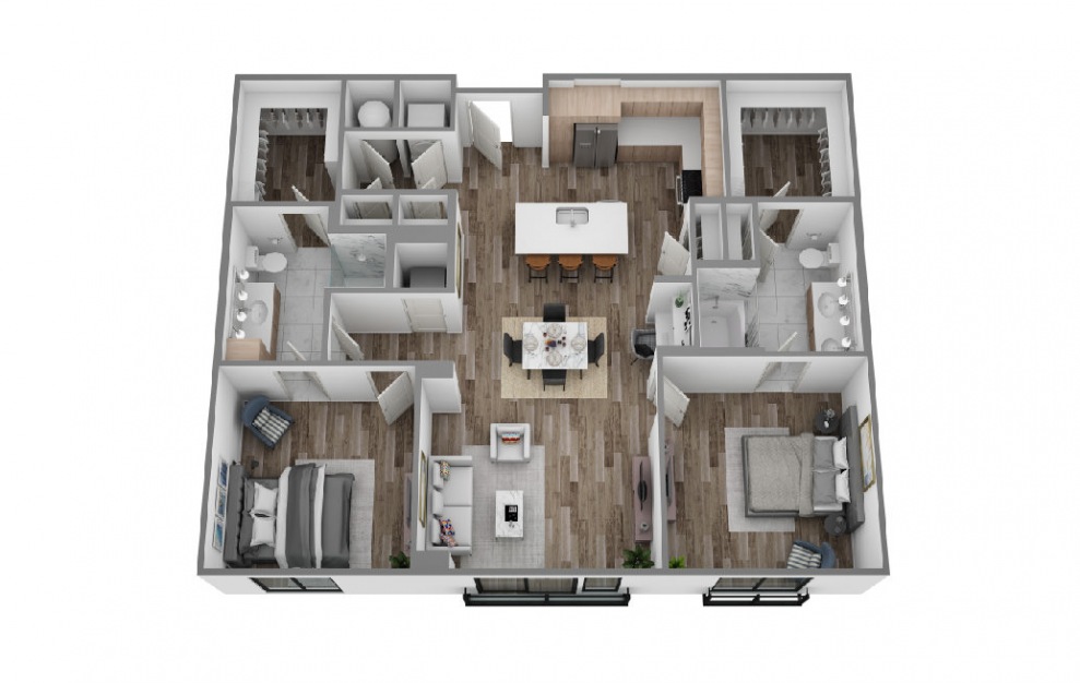 K - 2 bedroom floorplan layout with 2 baths and 1233 square feet. (3D)