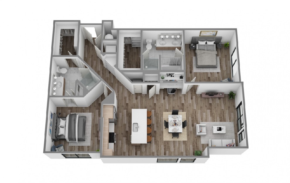 L - 2 bedroom floorplan layout with 2 baths and 1333 to 1353 square feet. (3D)