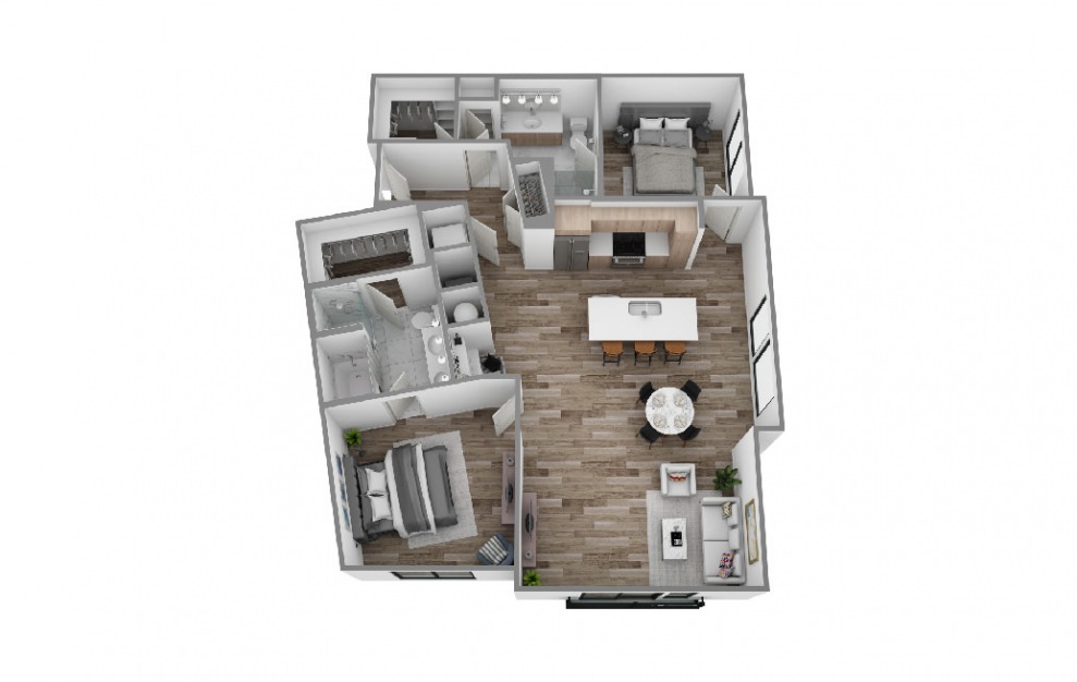 M - 2 bedroom floorplan layout with 2 baths and 1390 square feet. (3D)