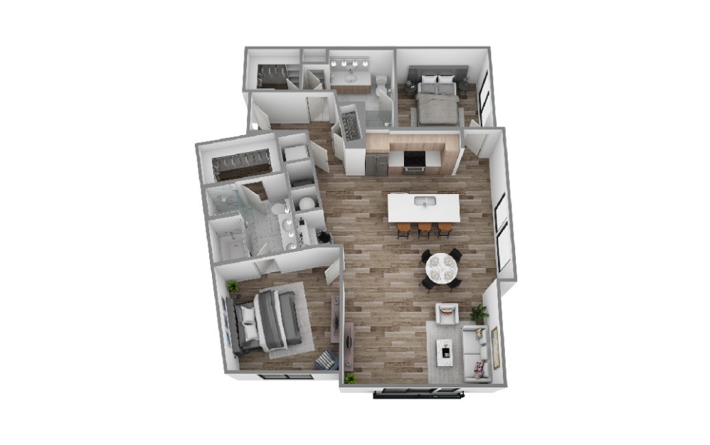 M - 2 bedroom floorplan layout with 2 bathrooms and 1390 square feet (3D)