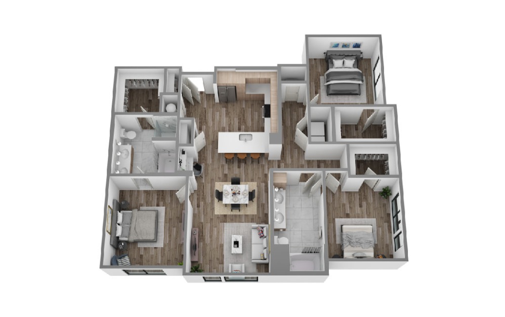 N - 3 bedroom floorplan layout with 2 bathrooms and 1469 square feet (3D)