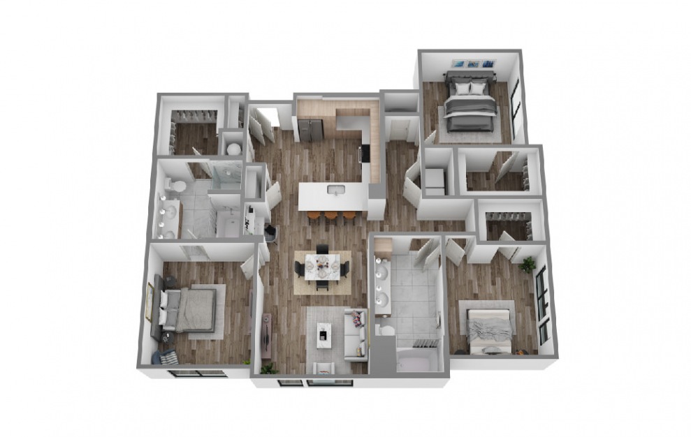 N - 3 bedroom floorplan layout with 2 baths and 1469 square feet. (3D)